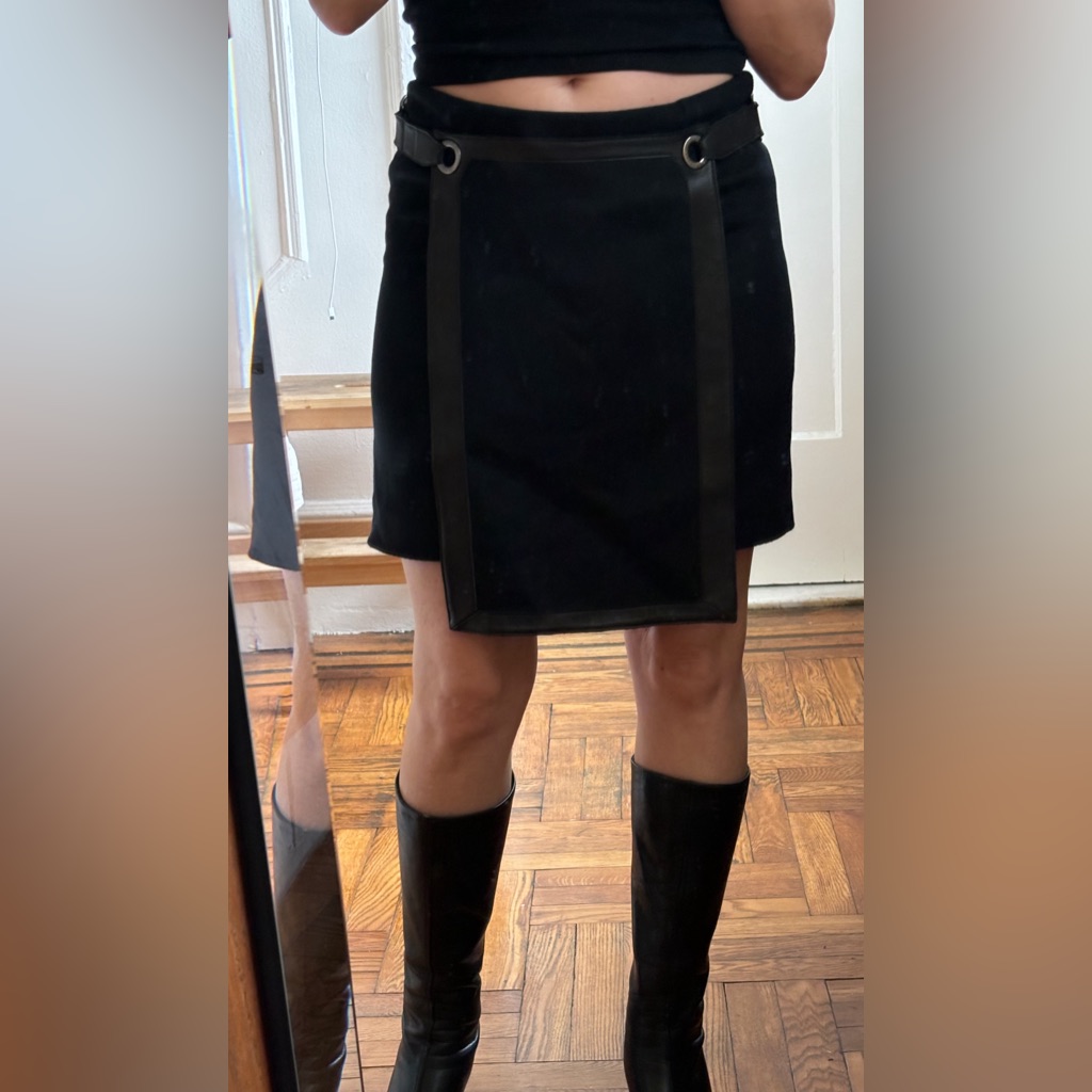 Paco Rabanne Black Wool Skirt With Leather Buckles And Trim